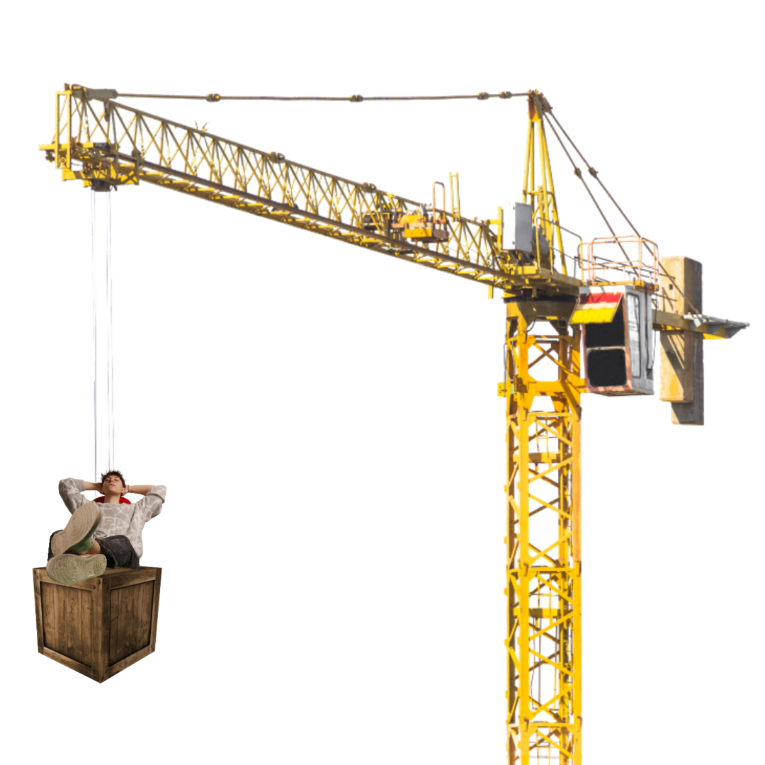 Marc Kupper der entspannt auf einer box sitz die von einem Kran angehoben wird.