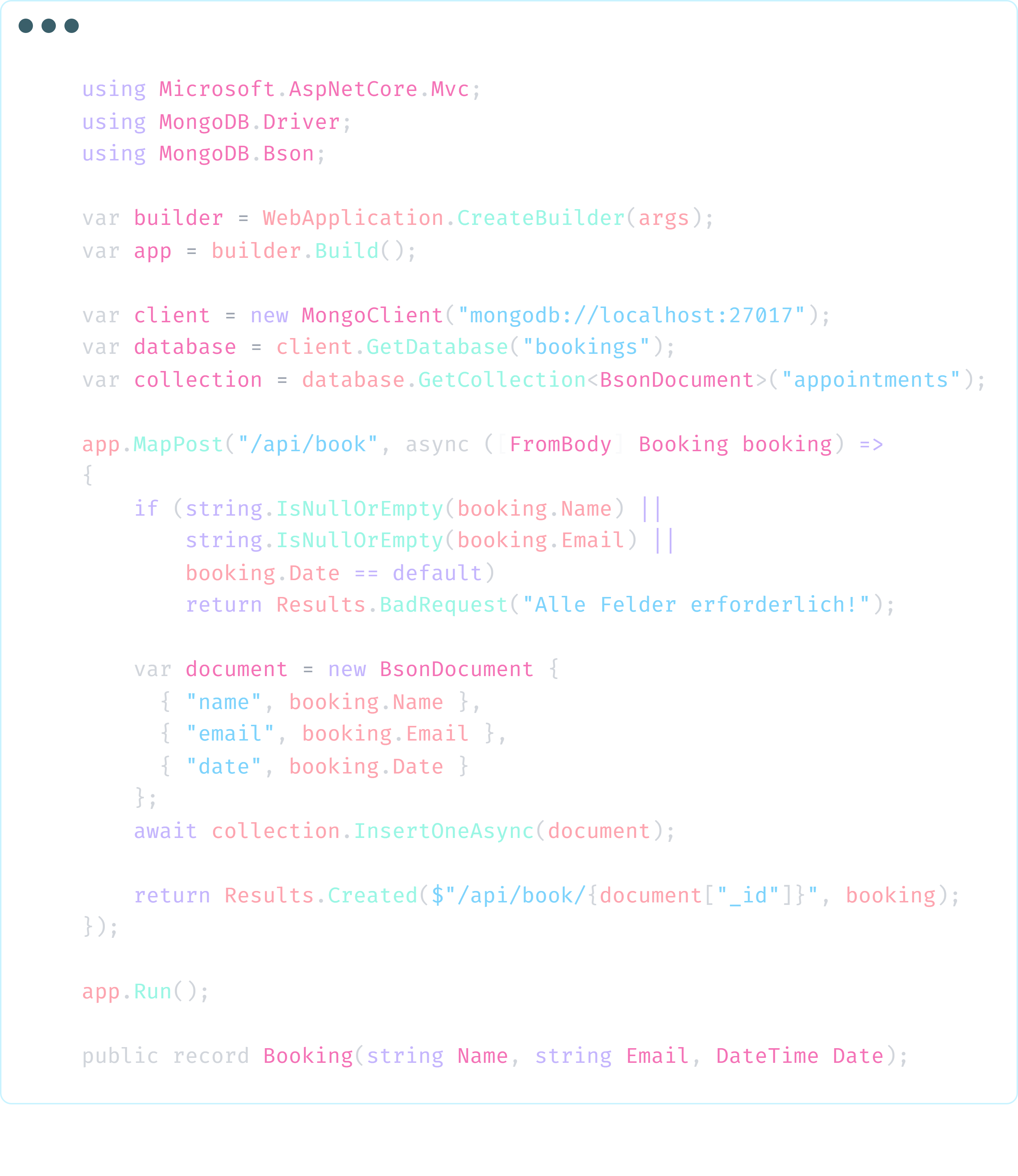 Codezeilen die eine Buchungstabelle in MongoDB integrieren.